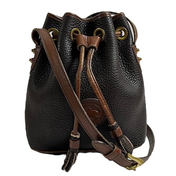 Vintage Dooney Bourke Drawstring Bucket Bag AWL Pebbled Brown Leather Crossbody - Picture 1 of 12